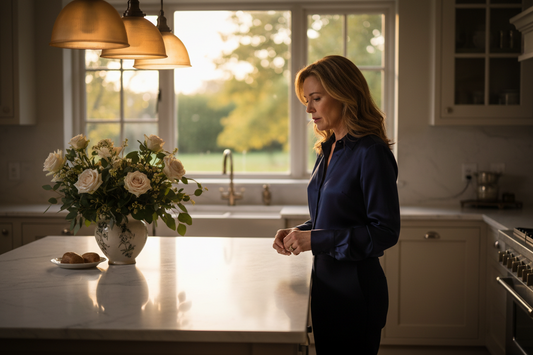 Evening kitchen scene showing a reflective moment related to nighttime eating habits and loss of control