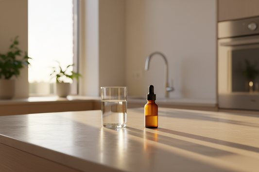 Minimal kitchen counter with glass of water and dropper bottle symbolizing structured daily routine