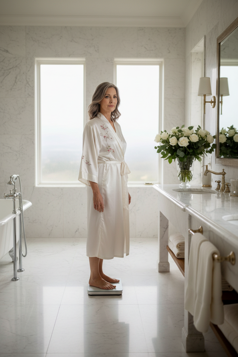 Person standing on a scale reflecting on slower weight loss progress