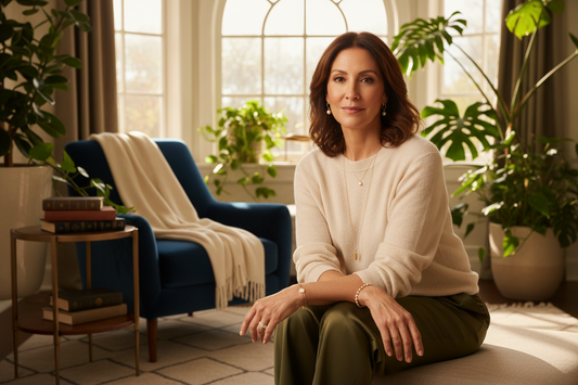 Calm composed elegant woman in her 50s in a sunlit luxury reading nook hands at rest radiating unshakeable inner peace and adrenal recovery after metabolic renewal