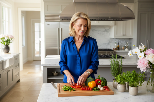 Elegant woman in her 50s in a luxurious upscale kitchen preparing a healthy meal, representing Dr. Restivo's advanced fat-release strategies for midlife women