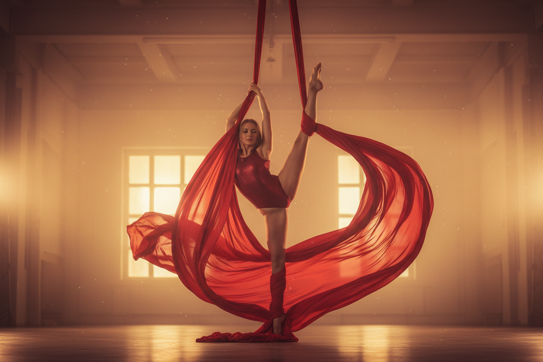 "Woman performing aerial silks, demonstrating strength and grace as part of a weight loss and fitness journey"