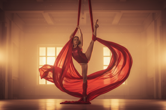 "Woman performing aerial silks, demonstrating strength and grace as part of a weight loss and fitness journey"