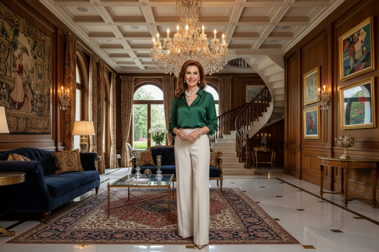 Elegant well-dressed woman standing in a stunning luxury home interior, looking slim, healthy and confident, affluent homeowner weight loss
