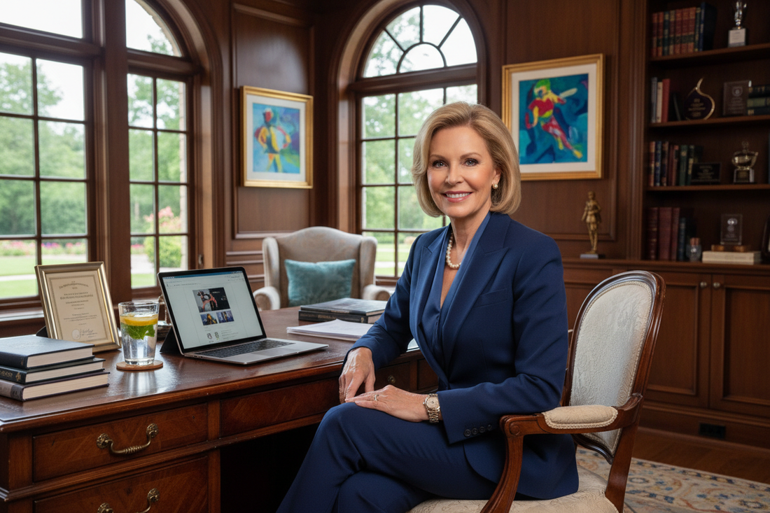 Elegant affluent woman in her 50s sitting in a luxurious home office, looking healthy and confident, successful professional weight loss