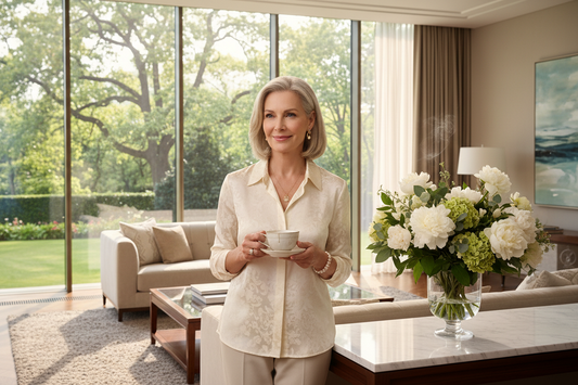 Elegant woman in her 50s relaxing in a sunlit luxury home with fresh air and greenery, looking radiant and healthy