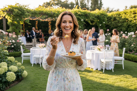 Elegant woman in a stylish summer dress enjoying a gourmet plate at a beautiful upscale outdoor venue in warm golden afternoon light