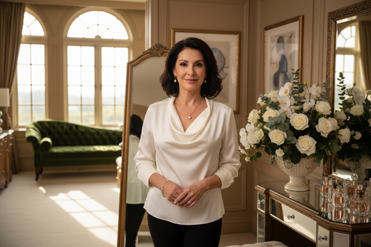Elegant woman in her late 50s standing confidently in a luxurious bedroom, looking calm and satisfied with her progress
