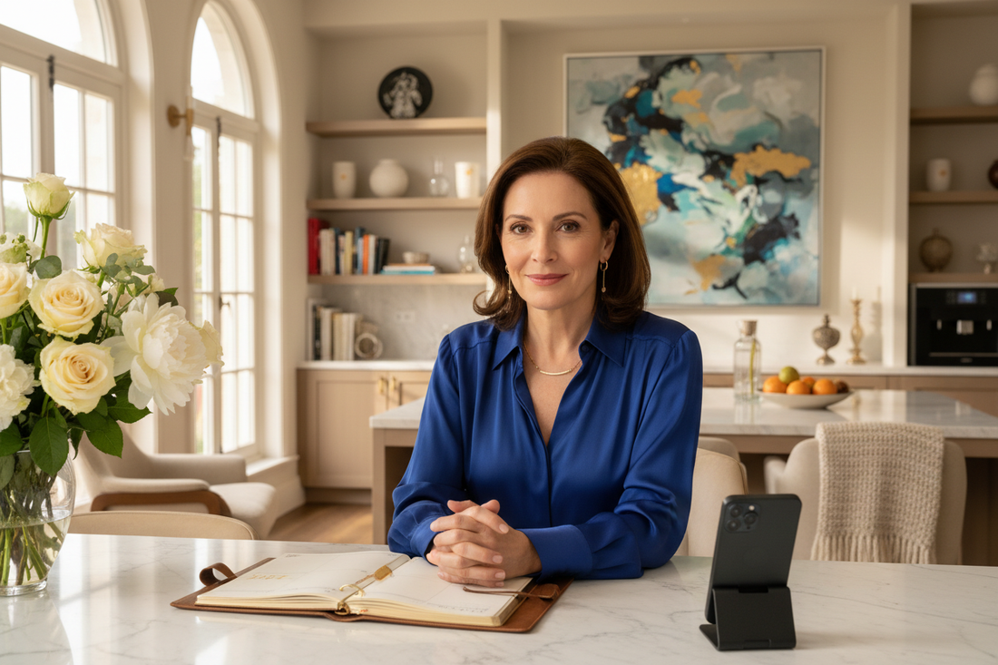 Elegant woman in her 50s sitting calmly at a beautiful home desk, looking composed and confident on a busy day