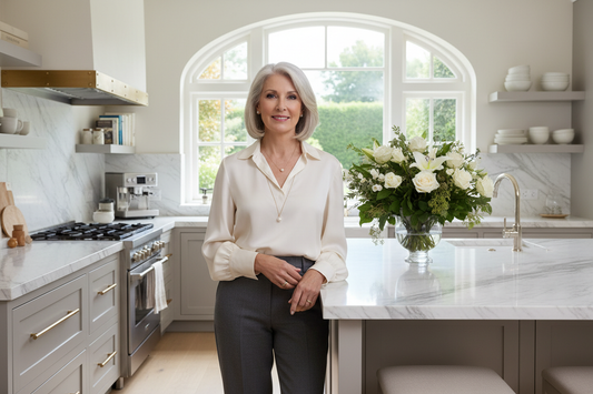 Elegant woman in her early 60s standing calmly in a beautiful luxury kitchen, looking confident and at ease