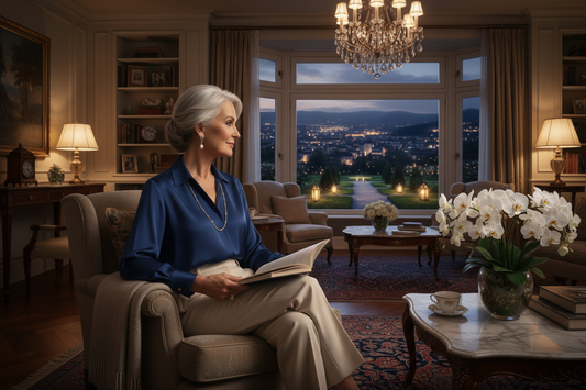 Elegant woman in her early 60s sitting peacefully in a luxurious living room in the evening, looking calm and completely at ease
