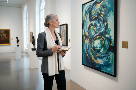 Elegant sophisticated woman standing in a beautiful upscale art gallery examining a stunning painting on the wall, wearing designer clothes, looking slim, healthy and refined, art collecting and weight loss