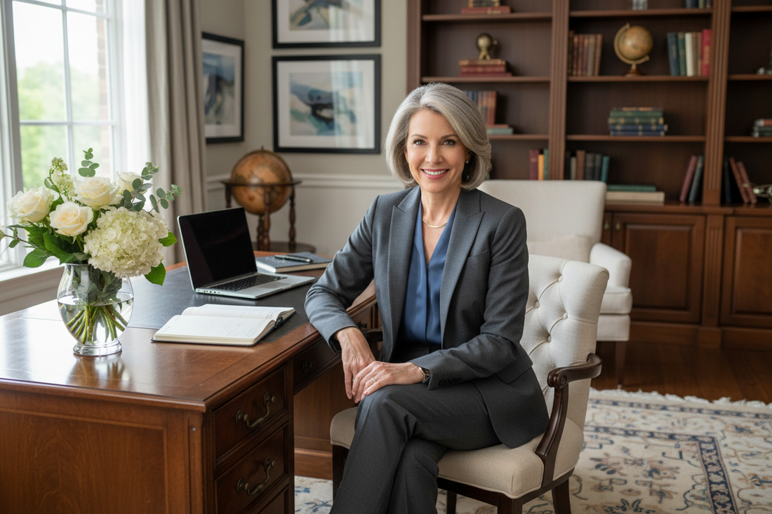  Elegant professional woman in her 50s in a luxurious home office with sophisticated business attire, soft natural light, fresh flowers, and radiant confident expression suggesting calm control amid a busy season
