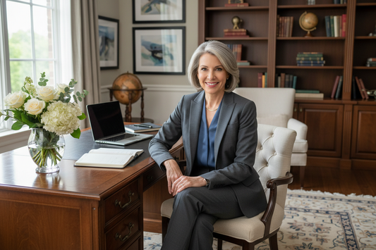  Elegant professional woman in her 50s in a luxurious home office with sophisticated business attire, soft natural light, fresh flowers, and radiant confident expression suggesting calm control amid a busy season