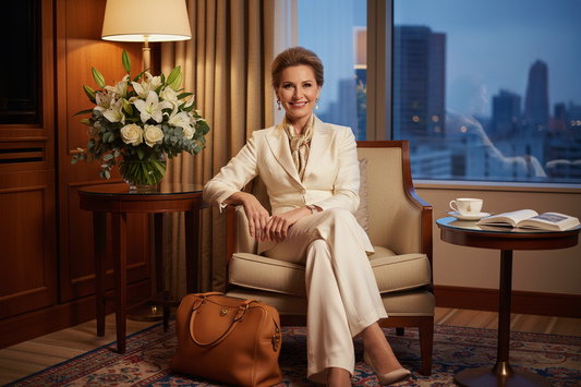  Elegant professional woman in her 50s in a luxurious hotel suite beautifully dressed with soft warm lighting, fresh flowers, and a leather carry-on bag nearby, radiant confident expression suggesting effortless travel and control