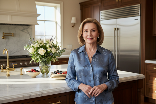 Elegant woman in her late 40s in a stunning upscale kitchen wearing tasteful jewelry and a beautiful blouse, soft natural light, fresh flowers on marble countertop, serene and confident expression suggesting peace and control around food and family