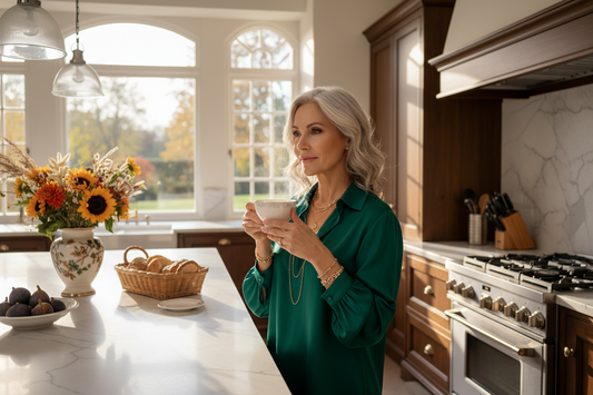 Elegant woman enjoying a calm morning in a luxurious kitchen as summer transitions to fall, representing sustainable weight loss progress with the Restivo Health doctor-supervised program