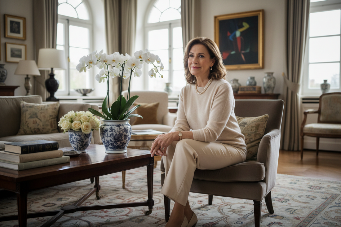 Elegant woman in her 50s in a luxurious upscale living room looking serene and reflective with soft natural light and fresh flowers nearby