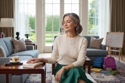 Elegant woman in her 50s in a luxurious upscale home looking calm and centered during back-to-school season with soft natural light and beautiful surroundings