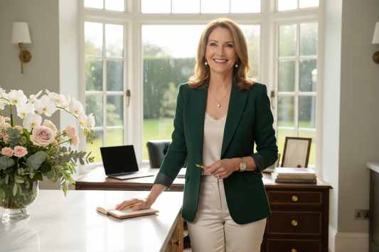 Elegant woman in her 50s in a luxurious upscale home looking confident and accomplished with soft natural light and fresh flowers, radiating steady progress