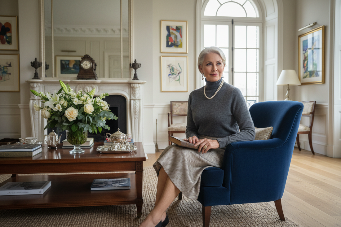 Elegant woman in her 50s in a luxurious upscale living room looking thoughtful and wise with soft natural light and fresh flowers, warm confident expression suggesting emotional resilience and inner strength