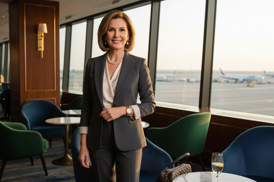  Elegant woman in her 50s in an upscale hotel setting, confident and radiant in business attire with soft warm lighting