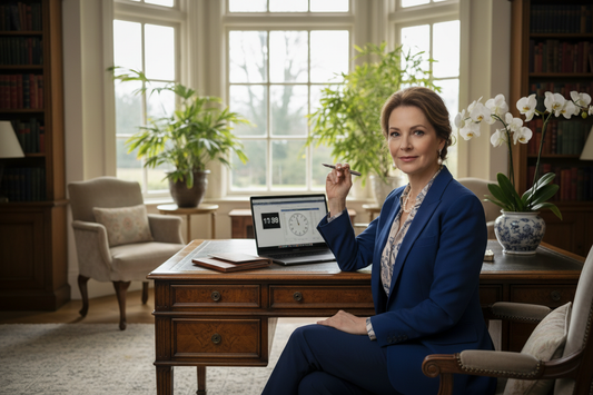  Elegant woman in her 50s at a luxurious home office desk, calm and composed under deadline pressure with soft natural light and fresh flowers