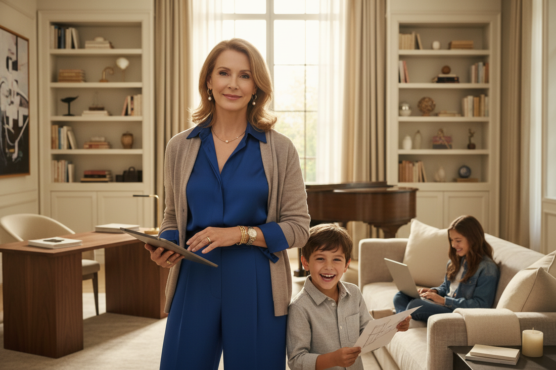  Elegant woman in her 50s in a luxurious upscale home looking serene and in control while balancing family and work with soft natural light