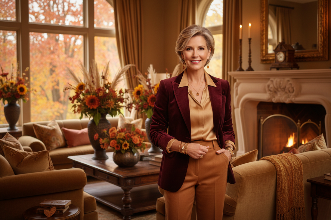  Radiant confident woman in elegant fall attire standing in a luxurious autumn-decorated home, representing the visible confidence gains achieved before fall through the Restivo Health doctor-supervised weight loss program