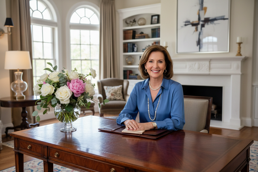 Elegant woman in her 50s in a luxurious home office setting with a warm, radiant smile looking confident and at ease