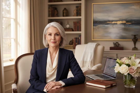 Elegant professional woman in her 50s at a luxurious home desk looking confident and focused as fall career demands increase