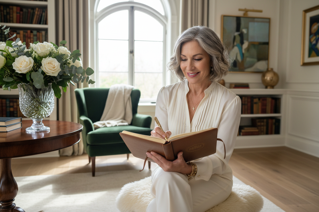 Serene confident woman in her 50s journaling in a luxurious sunlit reading nook, representing mindset practices and focus for a strong August weight loss finish