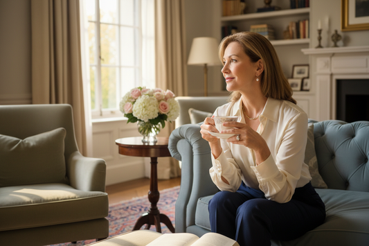 Elegant woman in her 50s sitting peacefully with tea in a luxurious sunlit living room, representing emotional resilience and self-care during the college transition for midlife weight loss