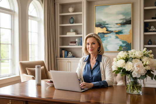Elegant woman in her 50s working calmly at a luxurious home office desk with soft natural light and fresh flowers, representing a professional woman managing weight loss while working from home