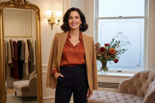  Elegant woman in her 50s confidently trying on a beautiful fall outfit in a luxurious dressing room, representing fall wardrobe confidence and weight loss transformation for midlife women
