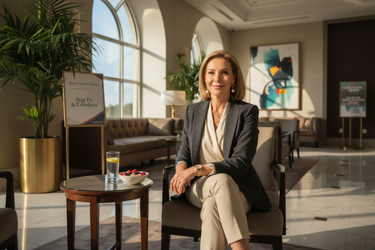 Polished elegant woman in her 50s sitting confidently in a luxurious airport lounge with a healthy snack and sparkling water, representing work travel tips for weight loss success during late summer business travel
