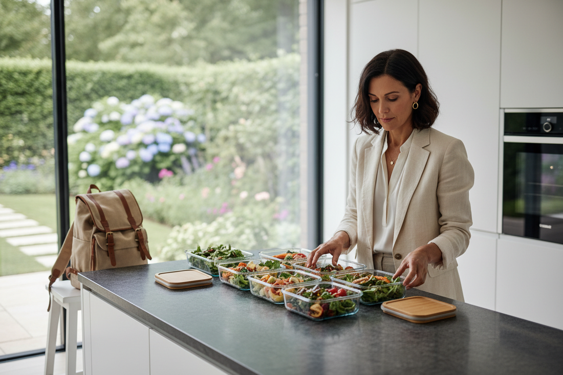 Sophisticated woman in her 50s packing healthy glass meal prep containers in a bright upscale kitchen, confident and organized