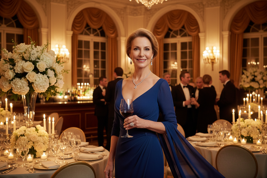 Elegant woman in her 50s enjoying an upscale social gathering, radiating confidence and a healthy, slim appearance