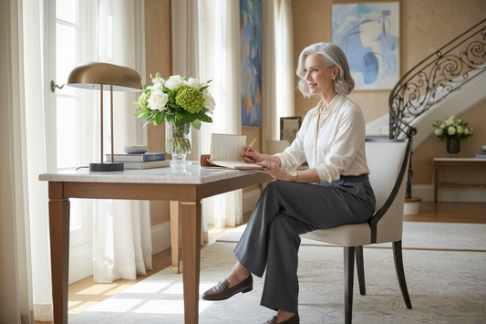 Elegant midlife woman calmly managing back-to-school season in her luxurious home while staying on track with her doctor-supervised weight loss program