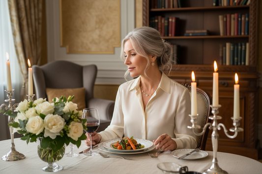 Elegant woman in her 50s dining peacefully at a beautifully set table in a quiet luxurious home, soft candlelight and fresh flowers, serene and unhurried expression