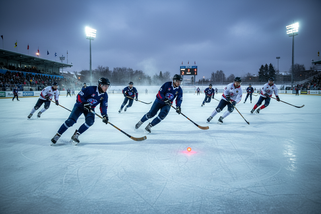 Bandy players skating powerfully across a vast frozen ice field with curved sticks and a red ball, representing the endurance and determination that inspires weight loss success with Dr. Restivo's doctor-supervised program