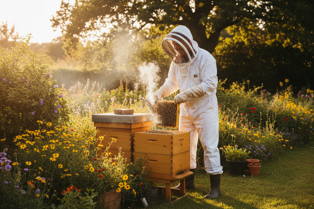 Person tending beehives outdoors, beekeeping and weight loss