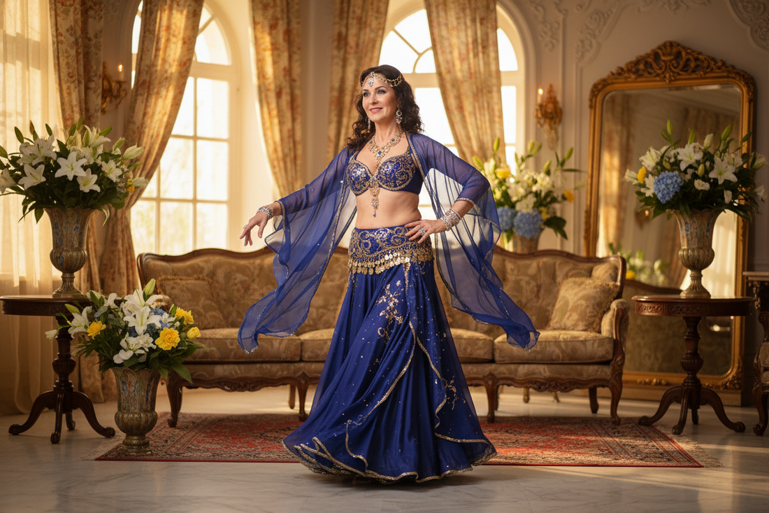Elegant woman belly dancing in a luxurious studio supporting her weight loss journey with Dr. Donna Restivo