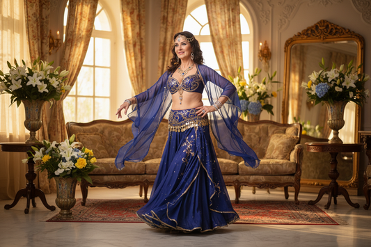 Elegant woman belly dancing in a luxurious studio supporting her weight loss journey with Dr. Donna Restivo