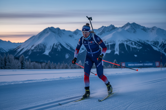 "Woman competing in biathlon, cross-country skiing through a snowy landscape, showcasing endurance and strength as part of a healthy weight loss lifestyle"