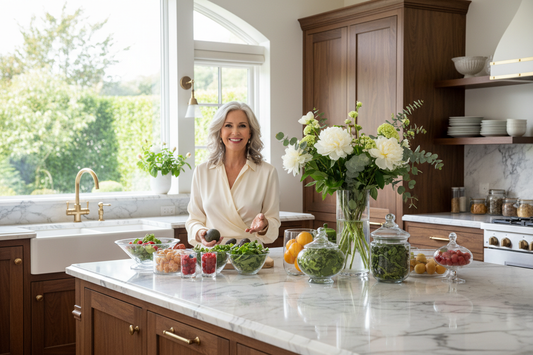 Elegant woman in her late 50s in a beautifully organized luxury kitchen with marble countertops, fresh produce in glass containers, soft natural morning light, sophisticated high-end home setting