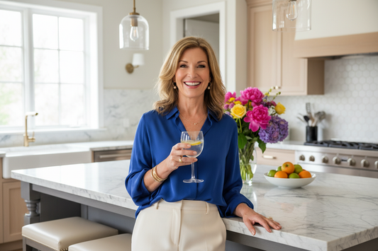  Vibrant energetic woman in her 50s in a stunning upscale kitchen with marble countertops, holding a glass of water, wearing elegant casual clothing and gold jewelry, radiant healthy glow