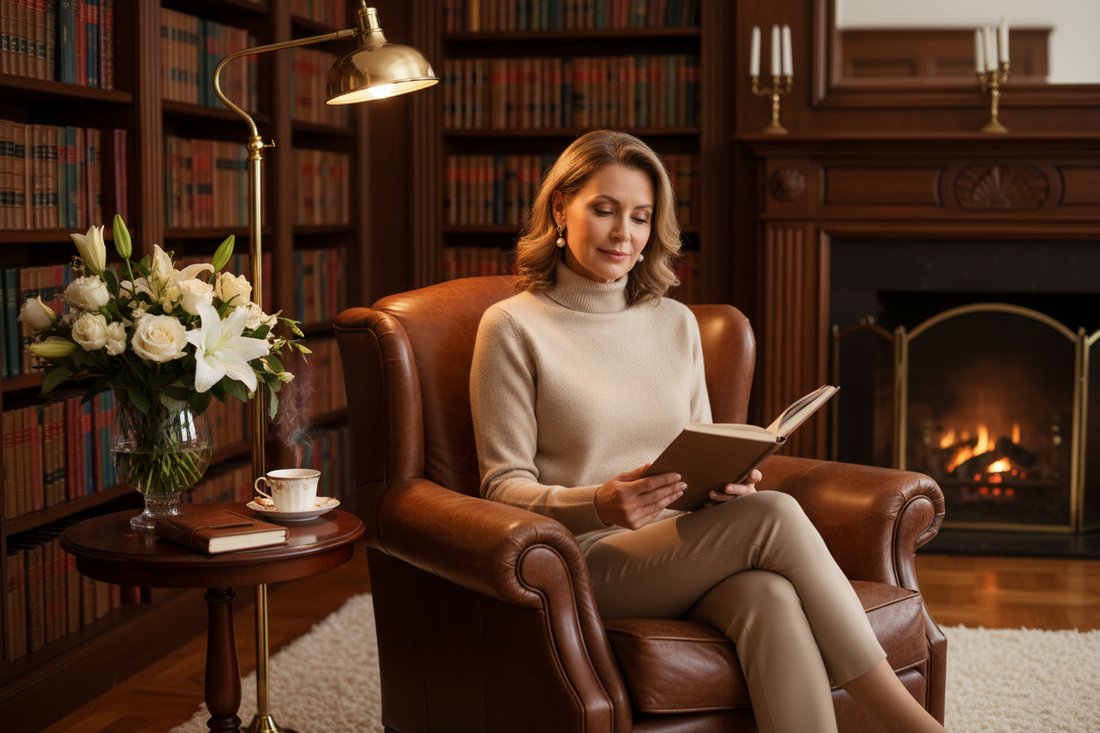 Refined elegant woman in her 50s in a luxurious home library with warm lighting, fresh white flowers, wearing a cashmere sweater and pearl earrings, serene focused expression and radiant healthy appearance