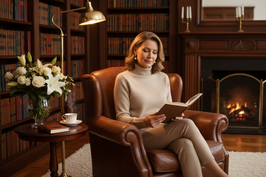 Refined elegant woman in her 50s in a luxurious home library with warm lighting, fresh white flowers, wearing a cashmere sweater and pearl earrings, serene focused expression and radiant healthy appearance