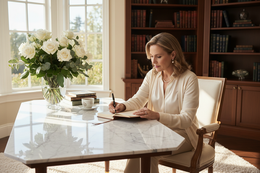 Confident accomplished woman in her 50s writing in a leather journal at a marble desk in a sunlit luxury home office with fresh flowers, wearing elegant clothing and tasteful jewelry